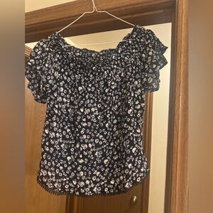 Floral Off-Shoulder Top - Black, Dark Blue, and White